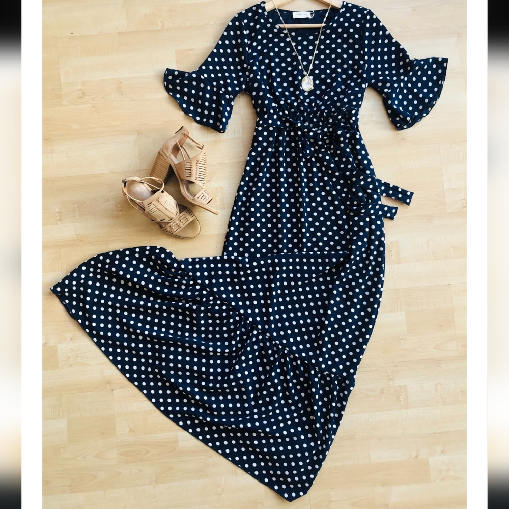 Orange Creek Blue with White Polka Dots Maternity Maxi Dress size M